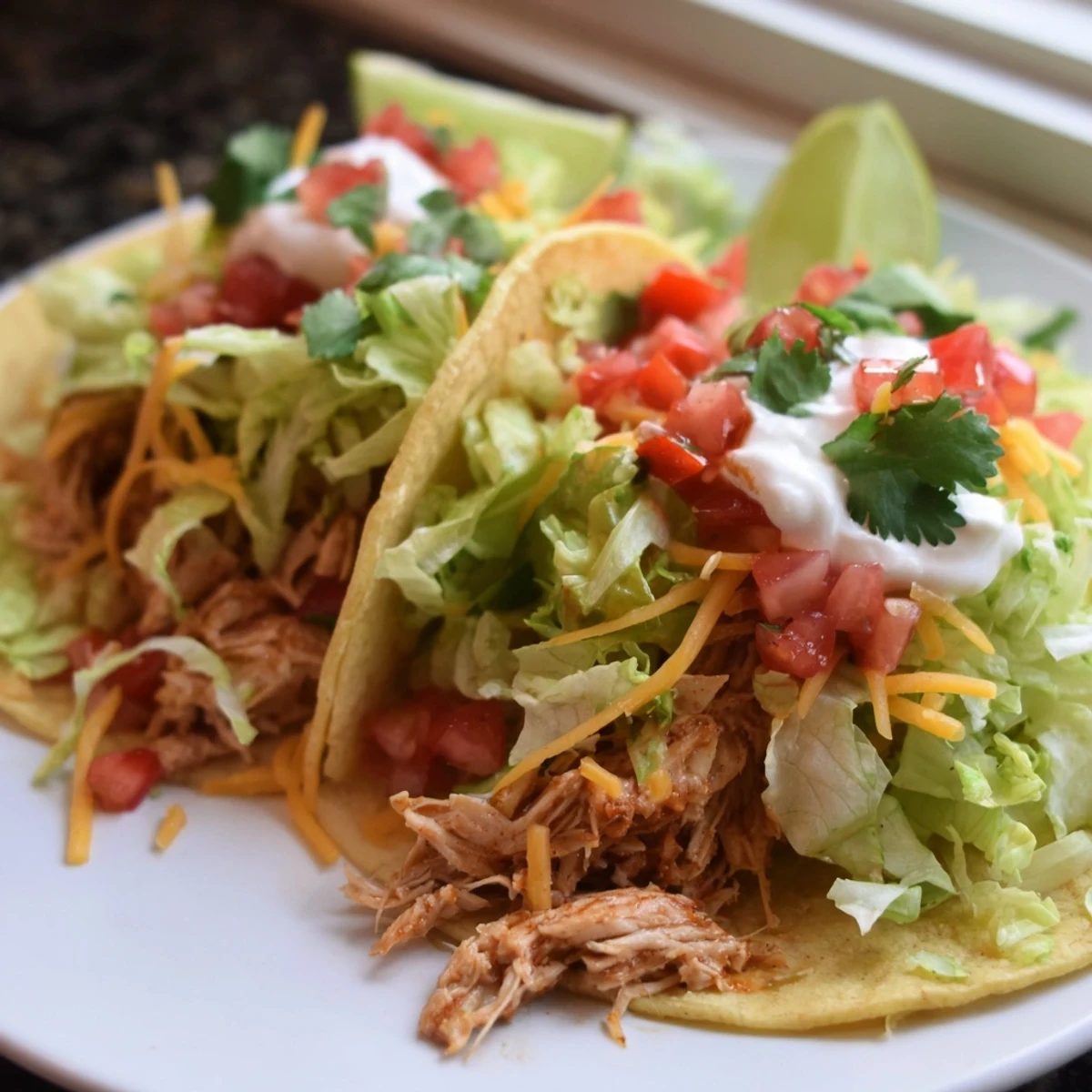 Juicy shredded Slow Cooker Ranch Chicken Tacos served in warm corn tortillas with sour cream
