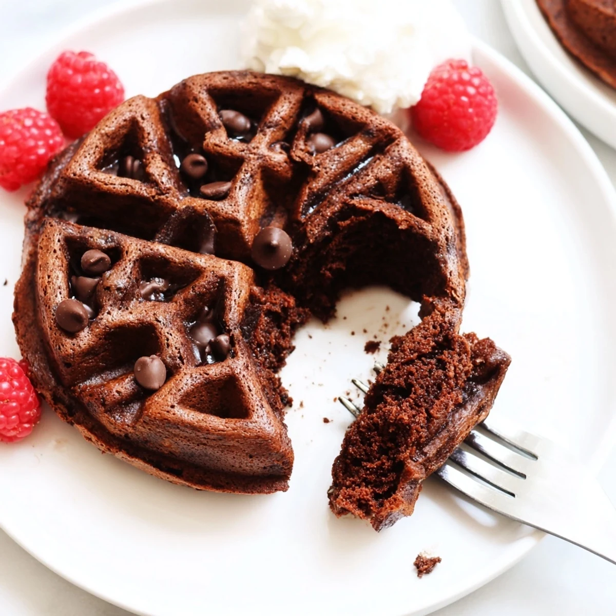 Crisp fudgy brownie waffles fresh off the iron topped with whipped cream
