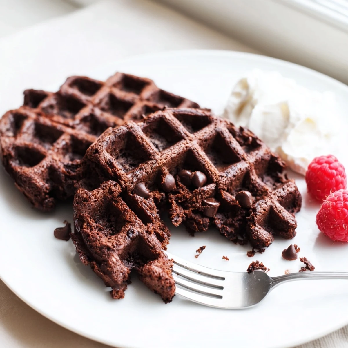 Warm fudgy brownie waffles with melty chocolate chips on a white plate