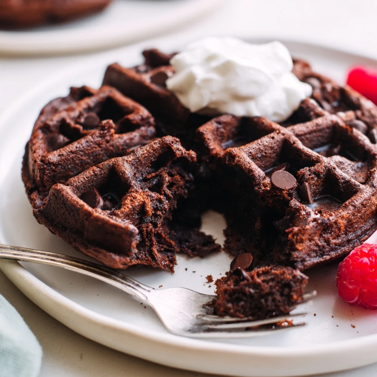 Golden-edged fudgy brownie waffles drizzled with rich chocolate sauce and fresh berries