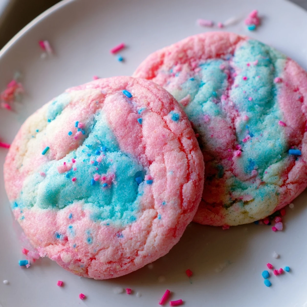 Swirled pink and blue cotton candy cookies fresh from the oven on parchment paper