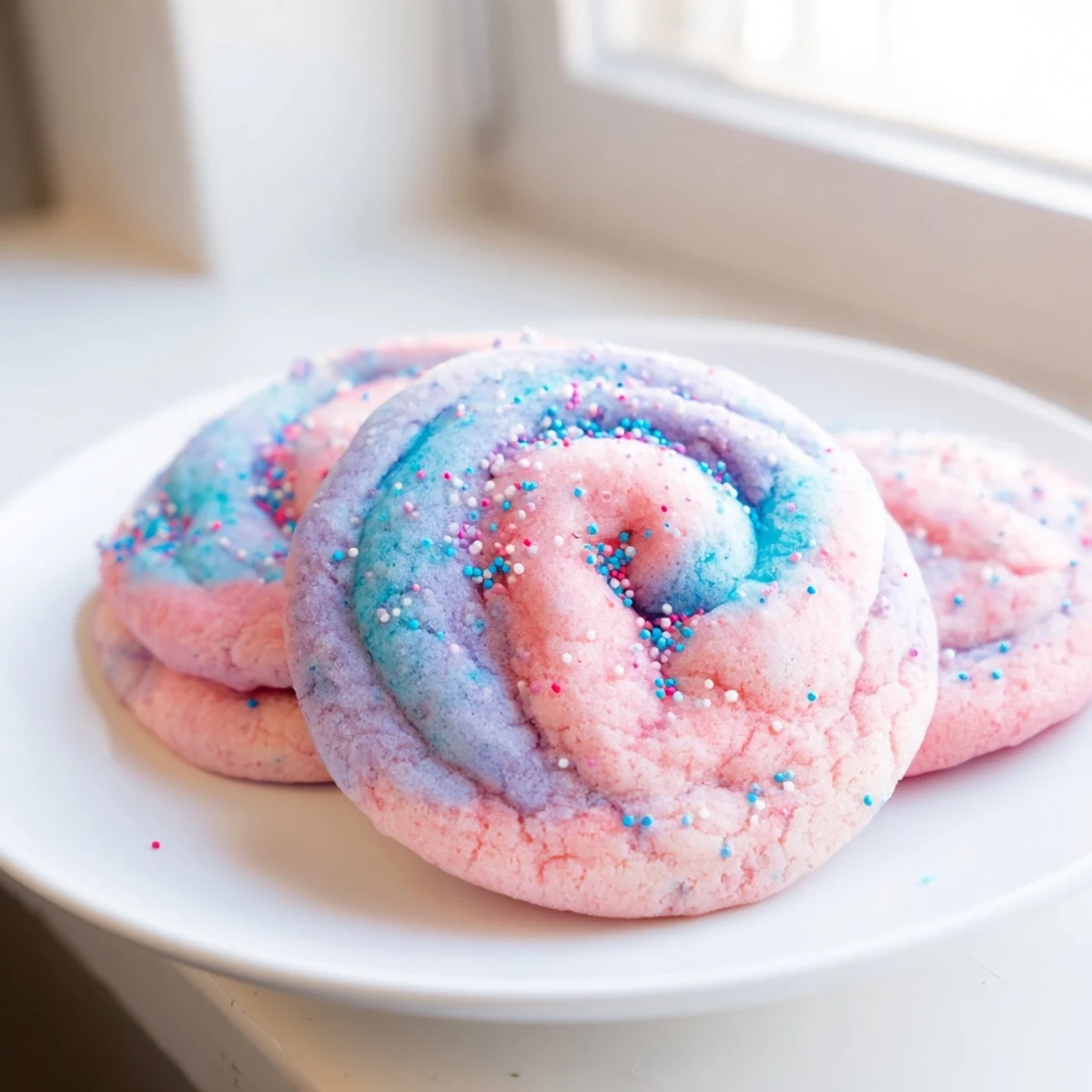 Soft pastel cotton candy cookies with chewy centers arranged on a rustic wire rack