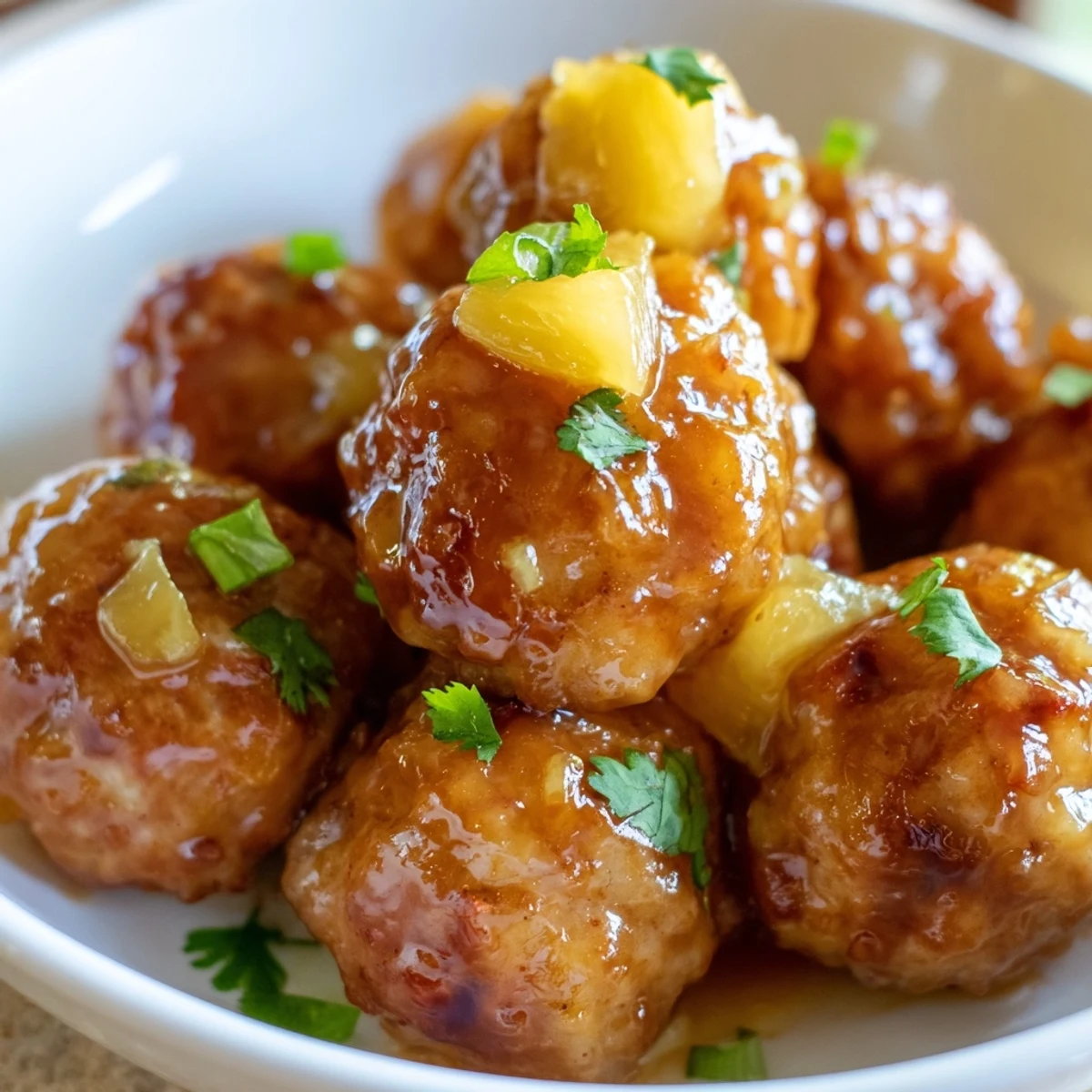 Golden chicken meatballs coated in glossy sweet pineapple sauce on a white plate