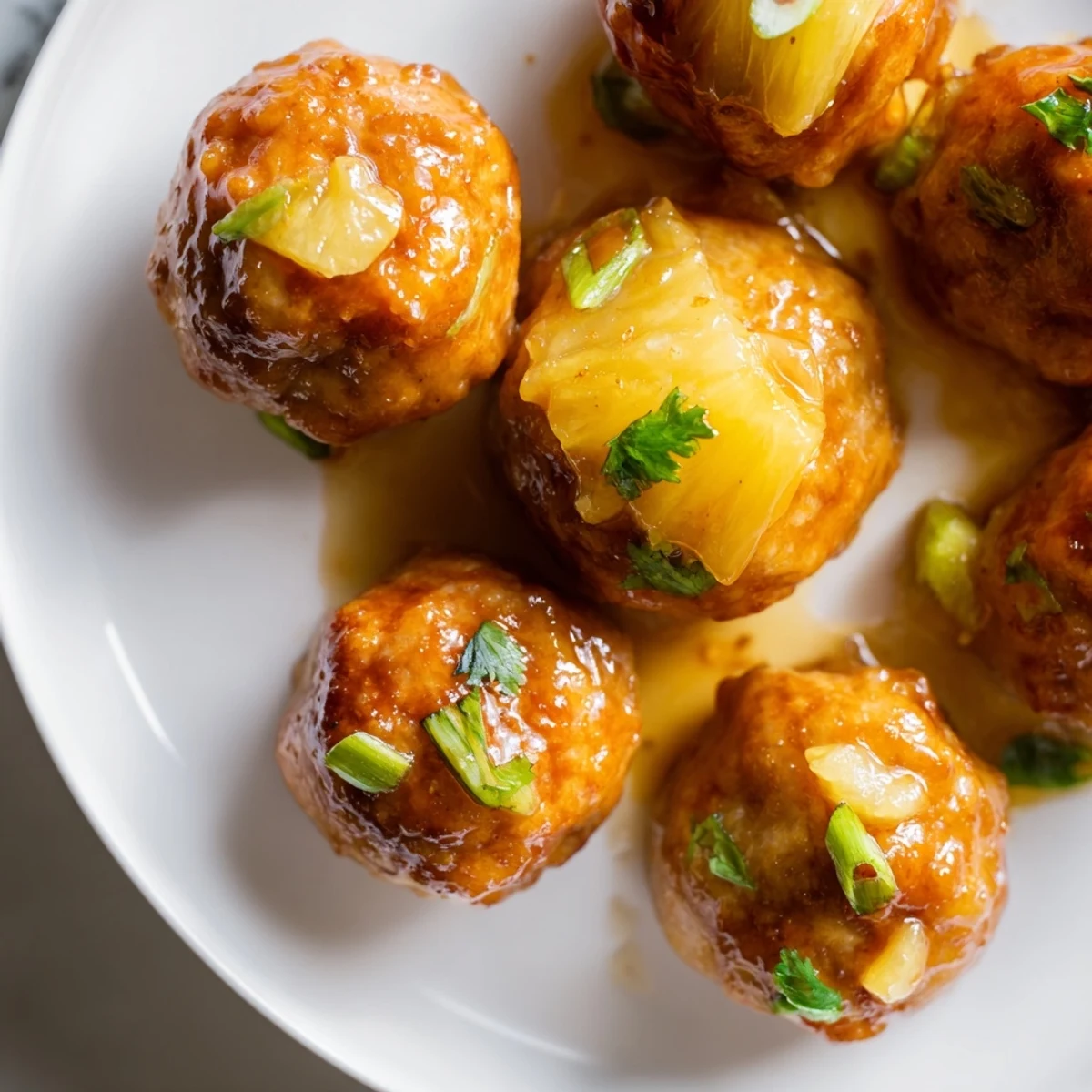 Juicy sweet pineapple chicken meatballs garnished with cilantro over a bed of steamed rice