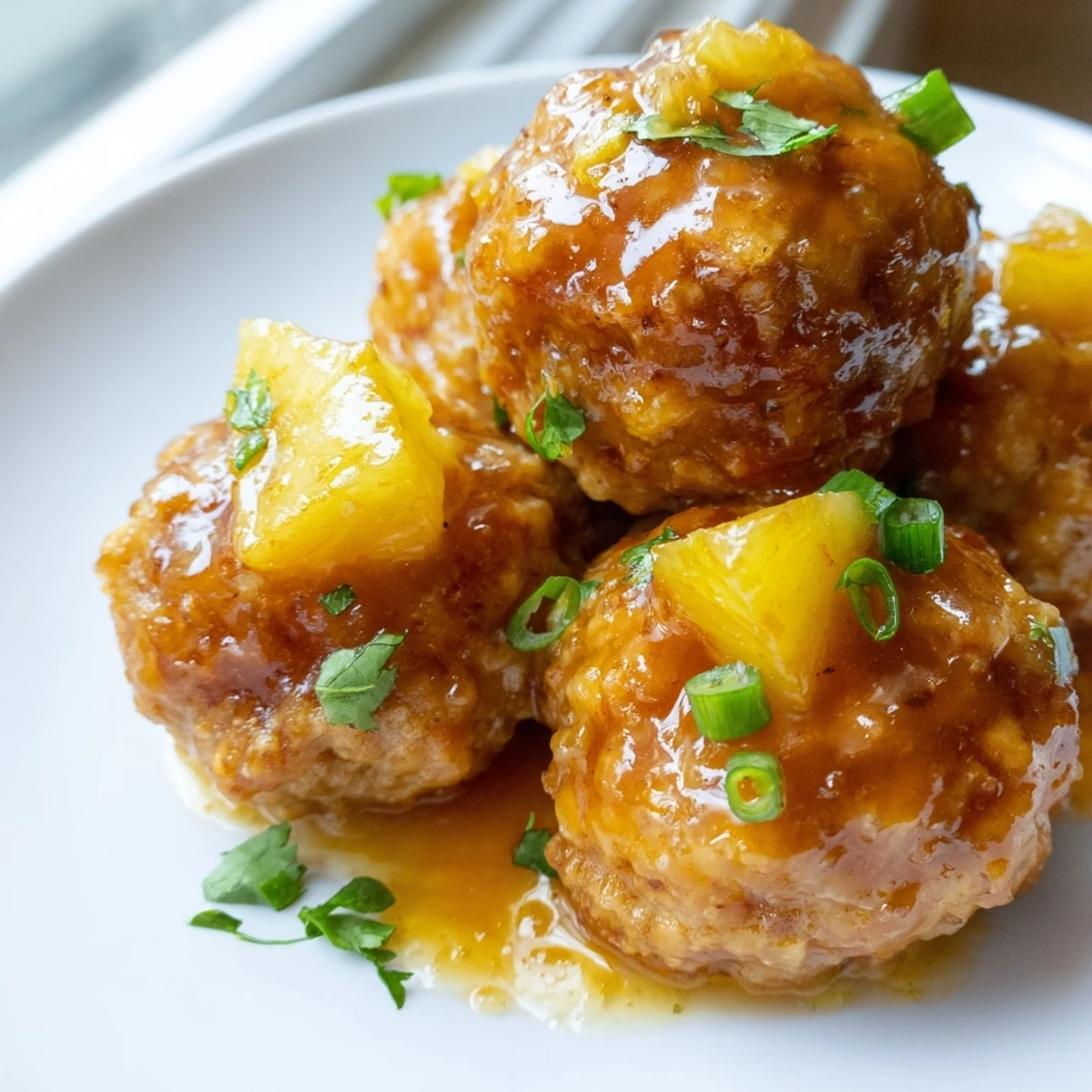 Tender chicken meatballs simmered in thick tangy pineapple glaze topped with fresh green onions