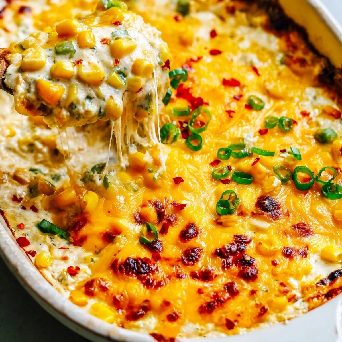 Golden baked creamy corn jalapeño dip bubbling with melted cheese in a cast iron skillet