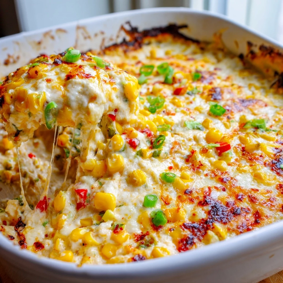 Steaming scoop of baked creamy corn jalapeño dip revealing gooey melted cheddar and sweet corn