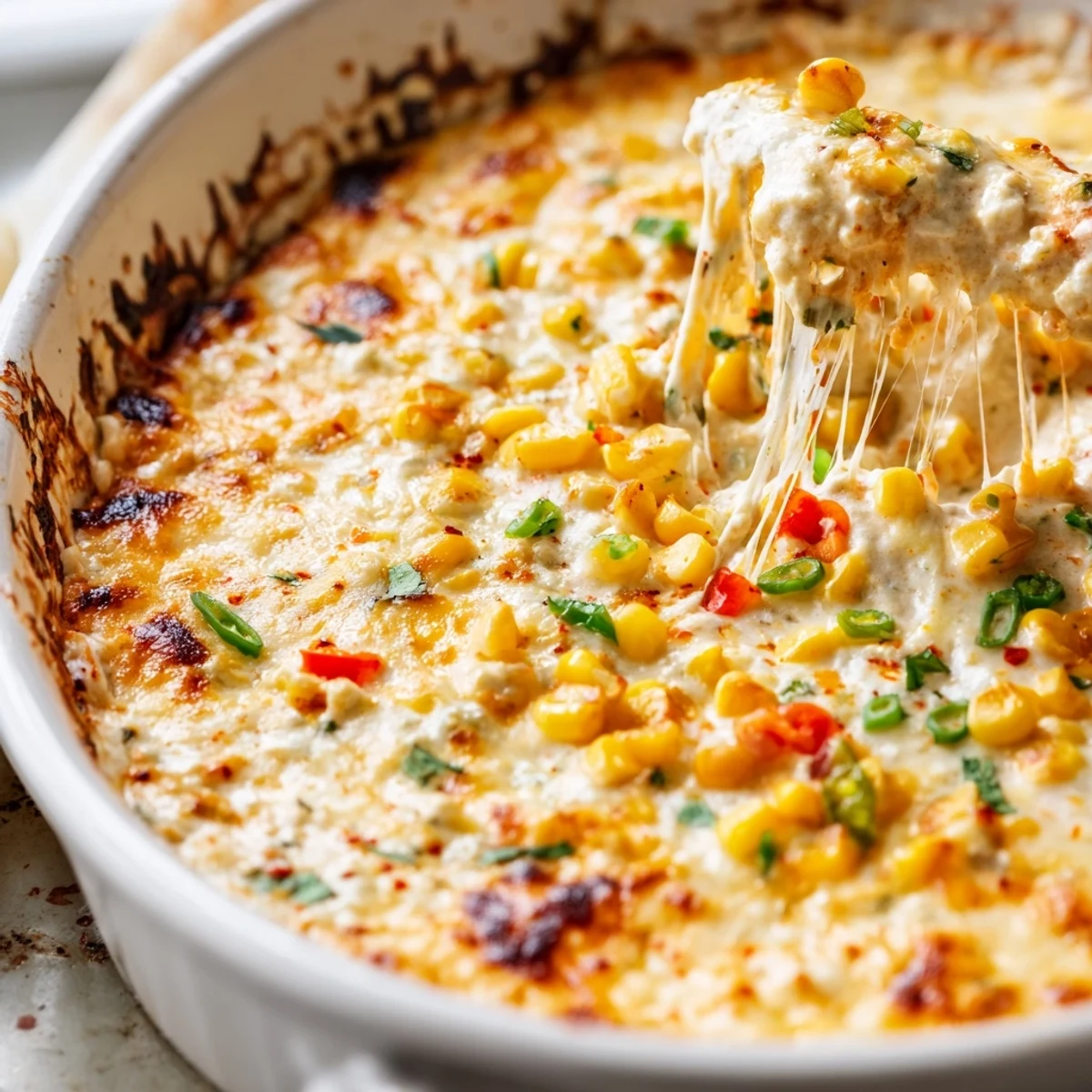 Creamy baked corn jalapeño dip topped with fresh cilantro served alongside crispy tortilla chips