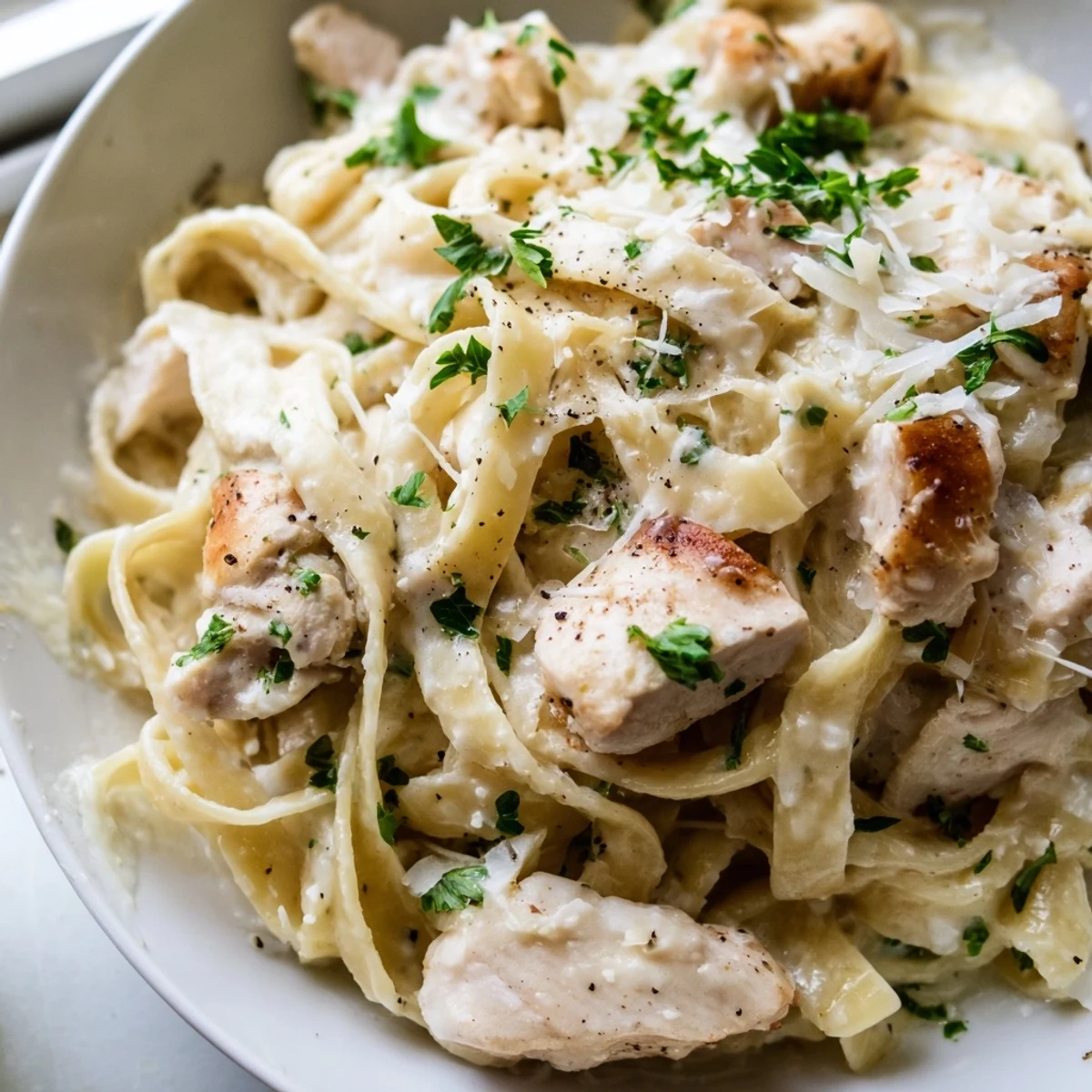 Creamy Garlic Parmesan Chicken Pasta plated with fresh parsley and extra cheese