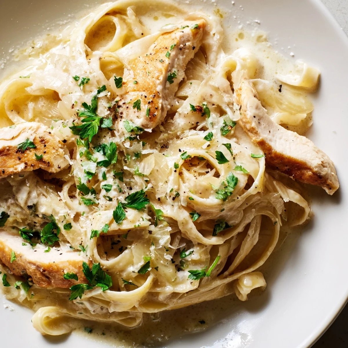 Golden seared chicken over Creamy Garlic Parmesan Chicken Pasta in a white bowl
