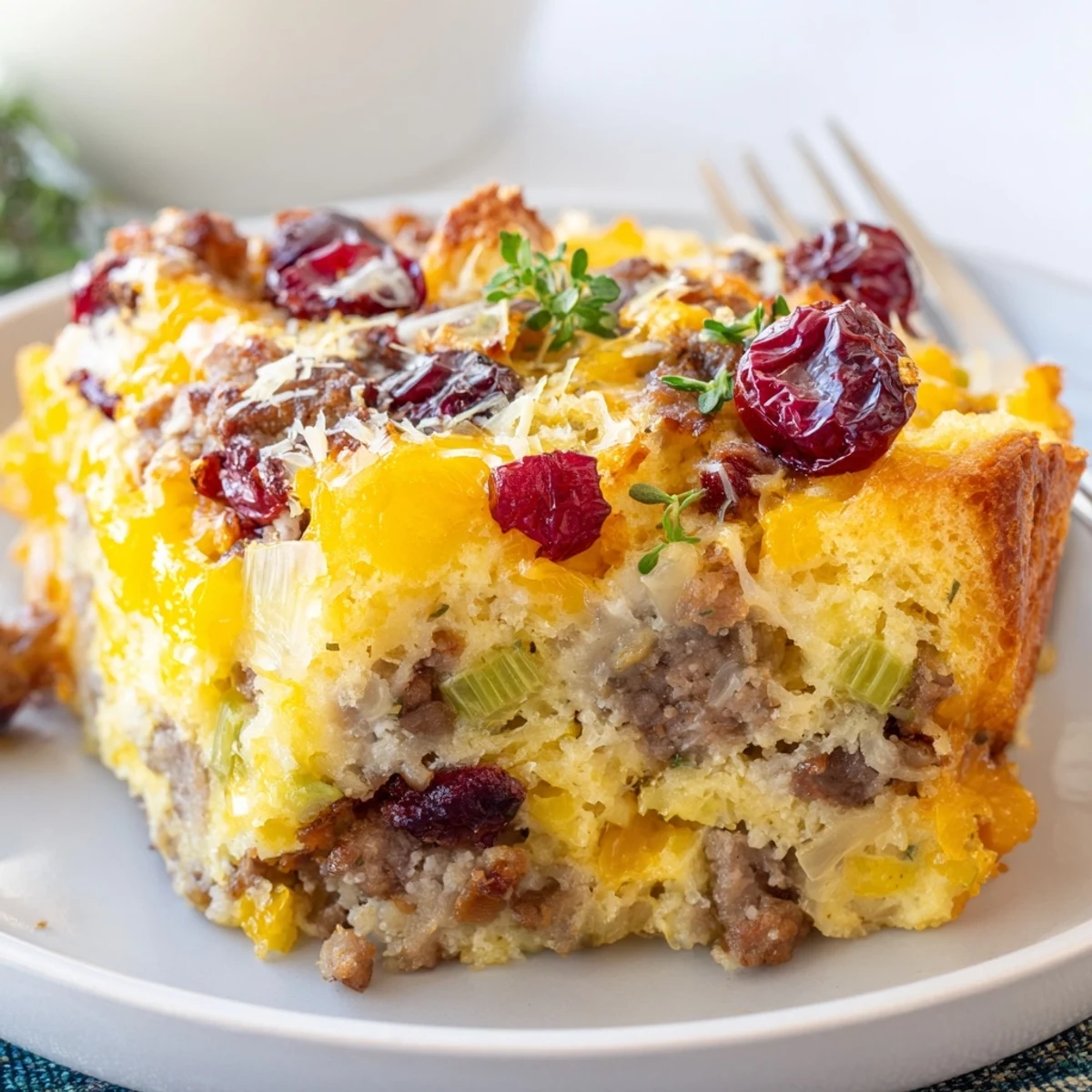 Golden baked Cranberry Sausage Stuffing Breakfast Casserole with bubbling cheddar cheese on top