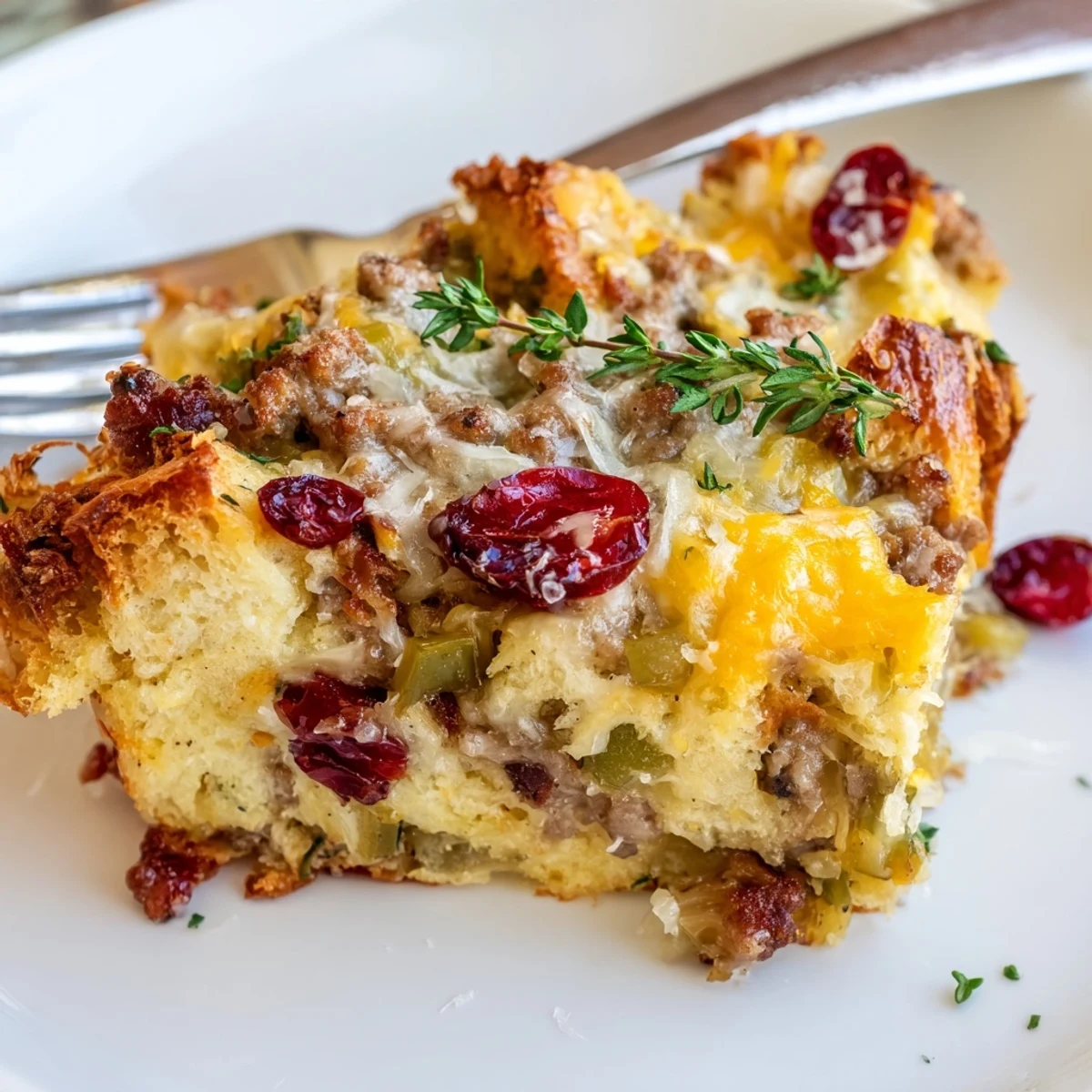 Steaming spoonful of Cranberry Sausage Stuffing Breakfast Casserole loaded with tart red cranberries