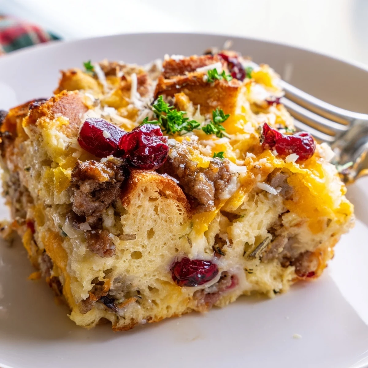 Hearty slice of Cranberry Sausage Stuffing Breakfast Casserole garnished with fresh parsley on a white plate