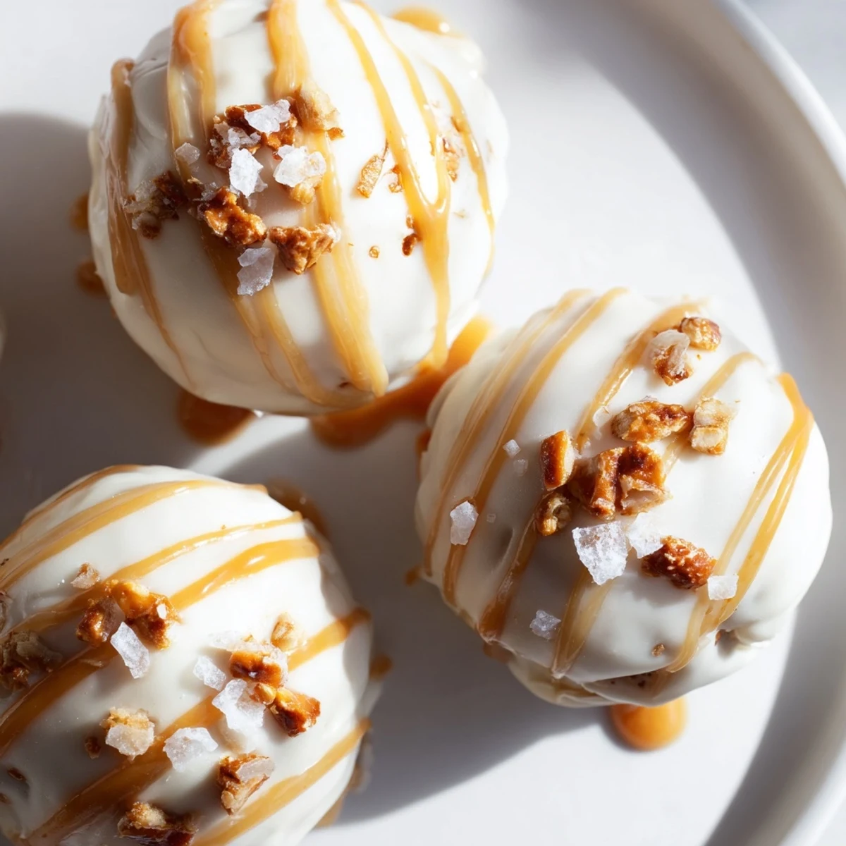 Creamy salted caramel pretzel cheesecake balls drizzled with golden caramel on a rustic tray