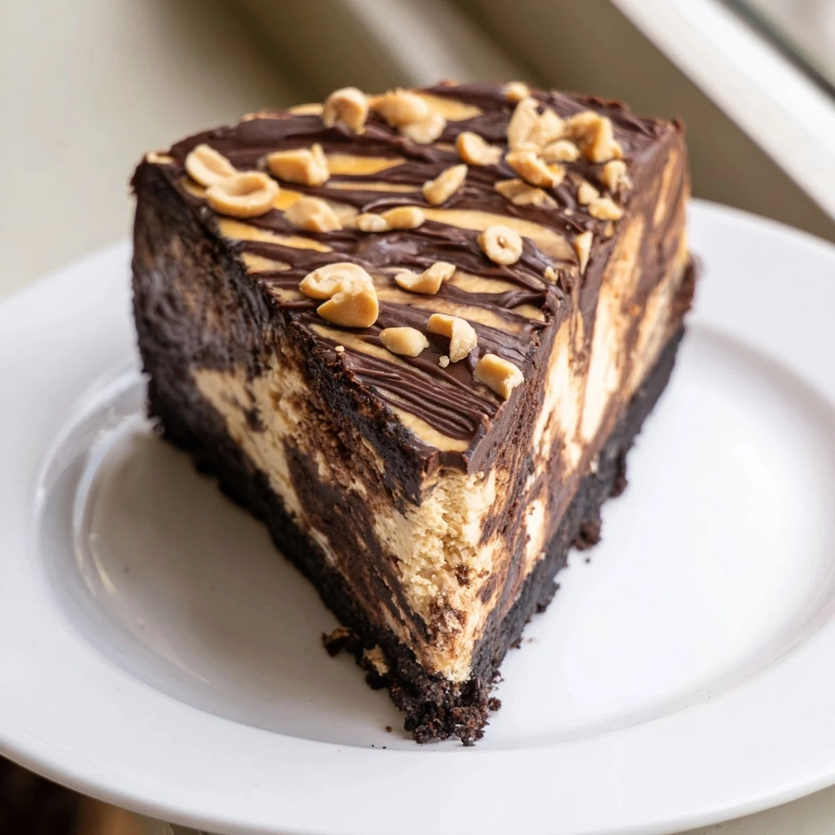 Chocolate peanut butter cheesecake with glossy ganache topping and crunchy peanut garnish