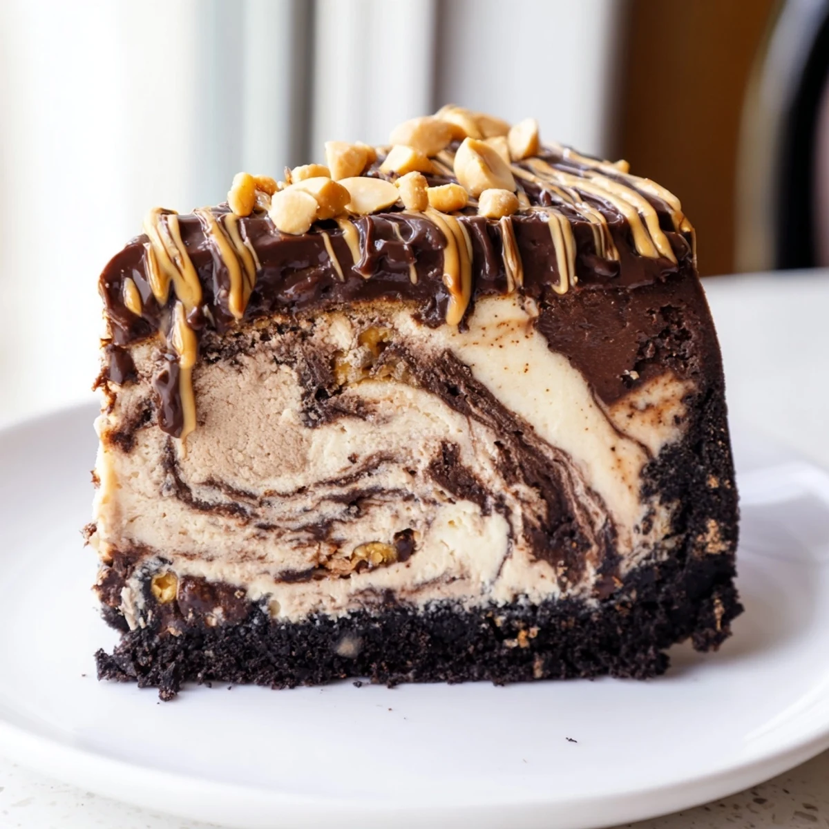 Creamy chocolate peanut butter cheesecake sliced to reveal a marbled swirl filling