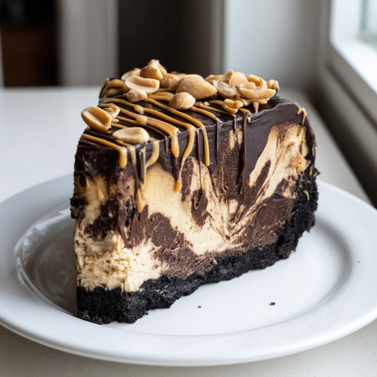 Decadent chocolate peanut butter cheesecake on a dark cookie crust ready to serve