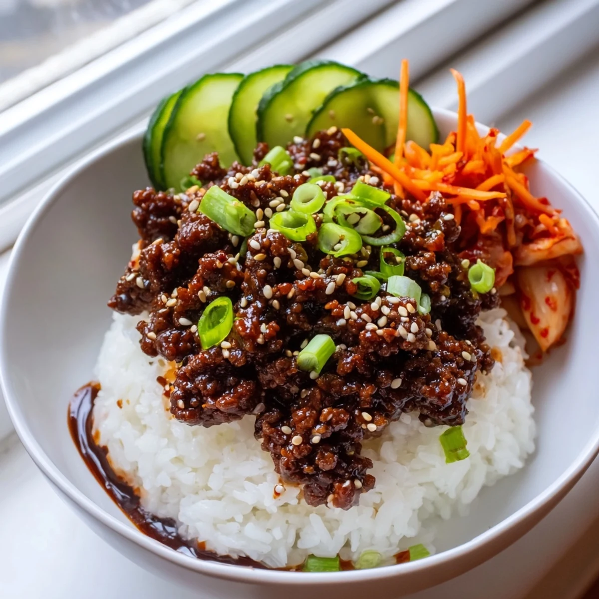 Savory Korean ground beef bowl glistening with rich sauce over fluffy white rice