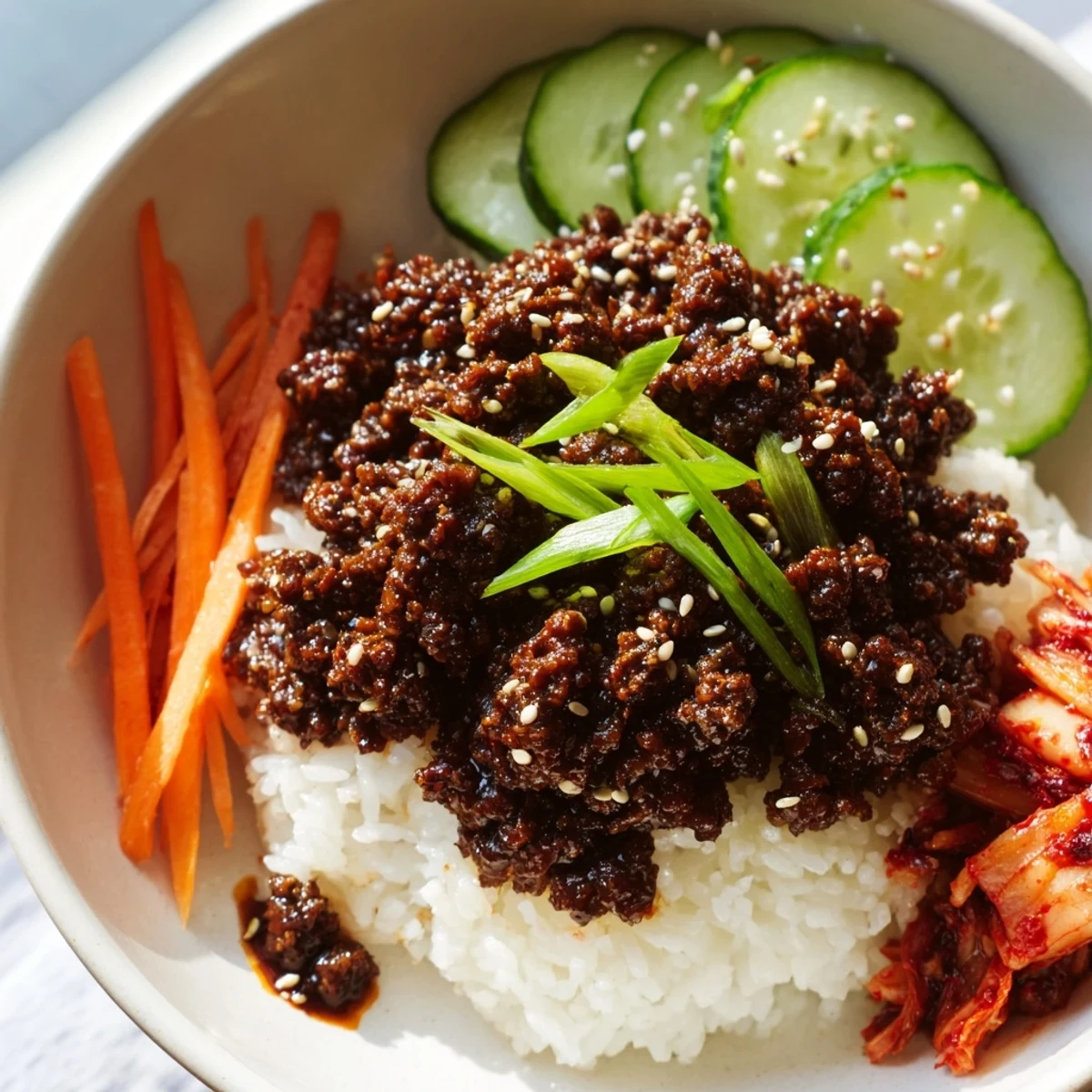 Korean ground beef bowl with caramelized sauce steamed rice and fresh vegetable toppings
