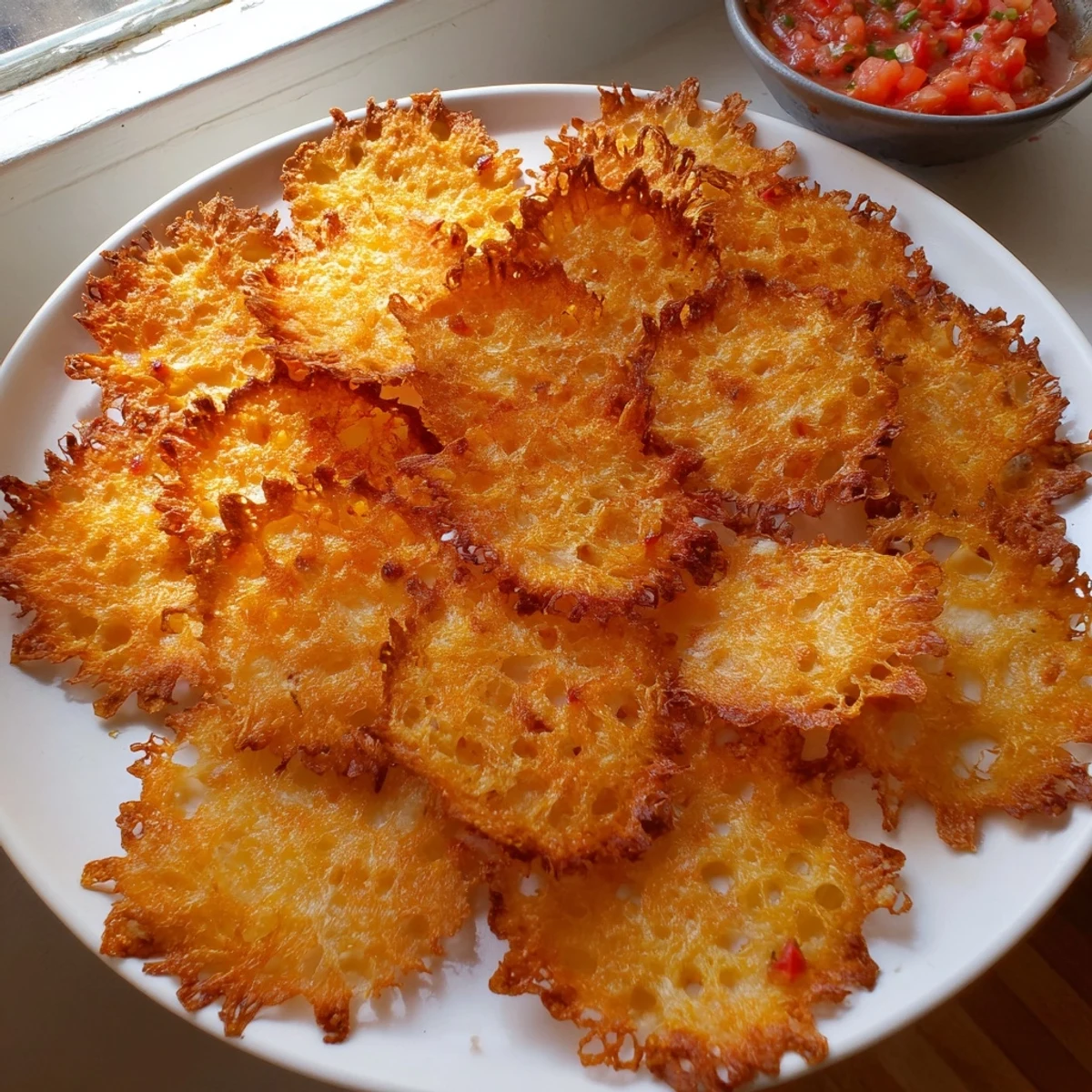 Golden cottage cheese chips fresh from the oven on parchment paper