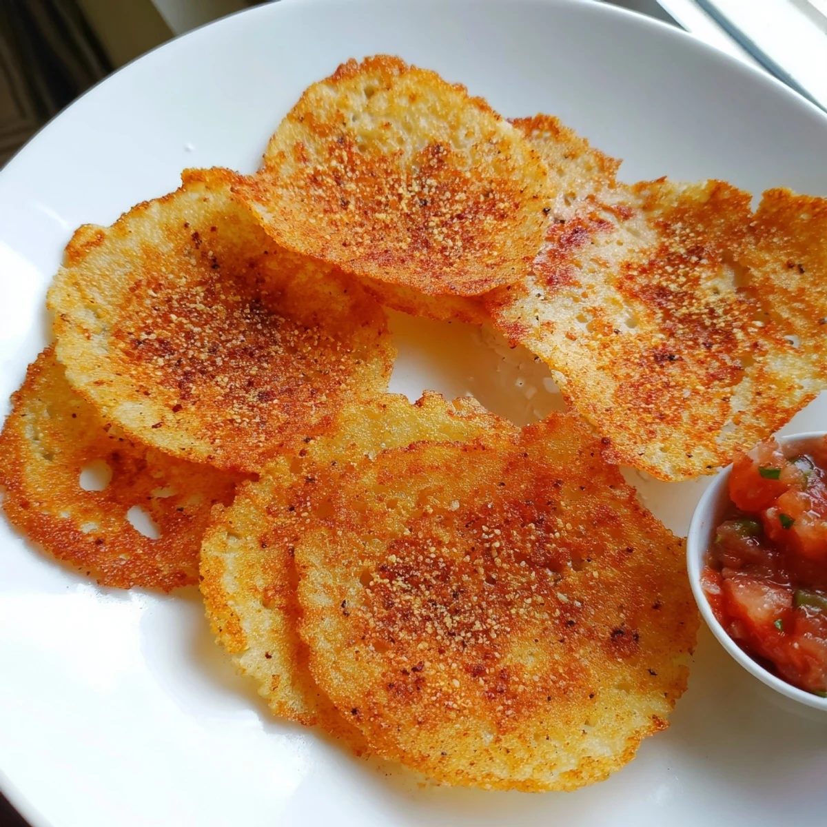A bowl of seasoned cottage cheese chips beside a creamy yogurt dip