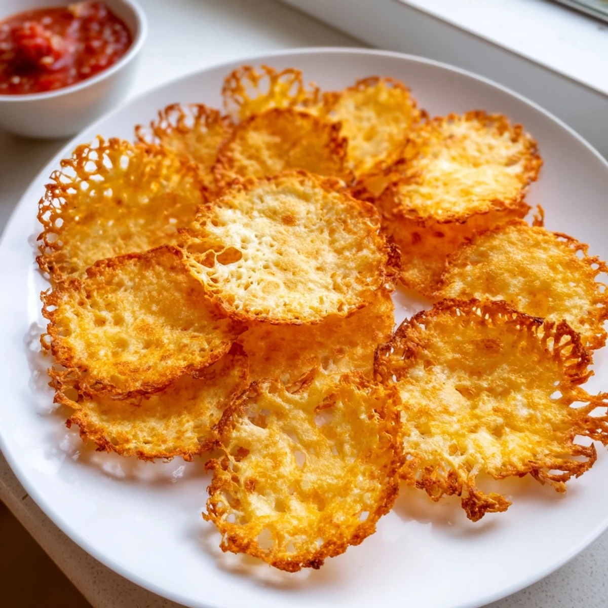 Crispy cottage cheese chips arranged on a rustic wooden serving board