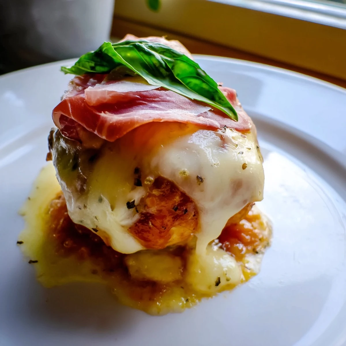Golden chicken valdostana topped with melted fontina and crispy prosciutto in rustic tomato sauce