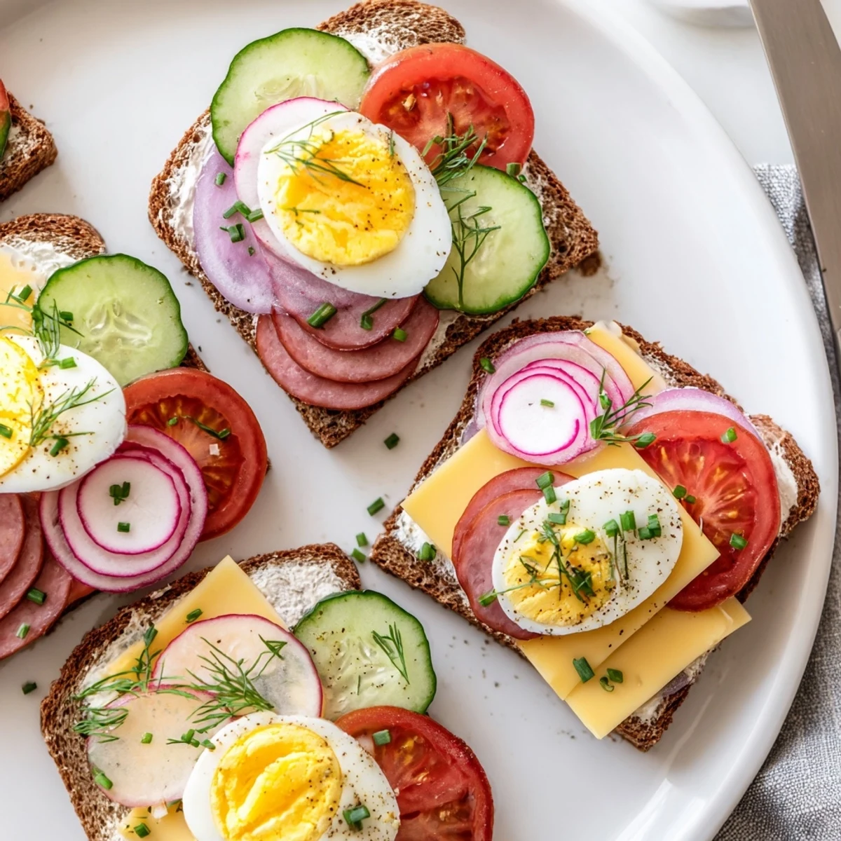 Open-faced Polish sandwiches with kielbasa, egg, and fresh vegetables on rye bread