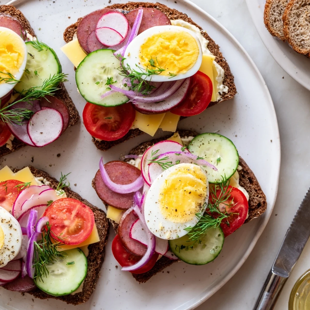 Colorful kanapki topped with sliced cucumber, tomato, radish, and melted yellow cheese