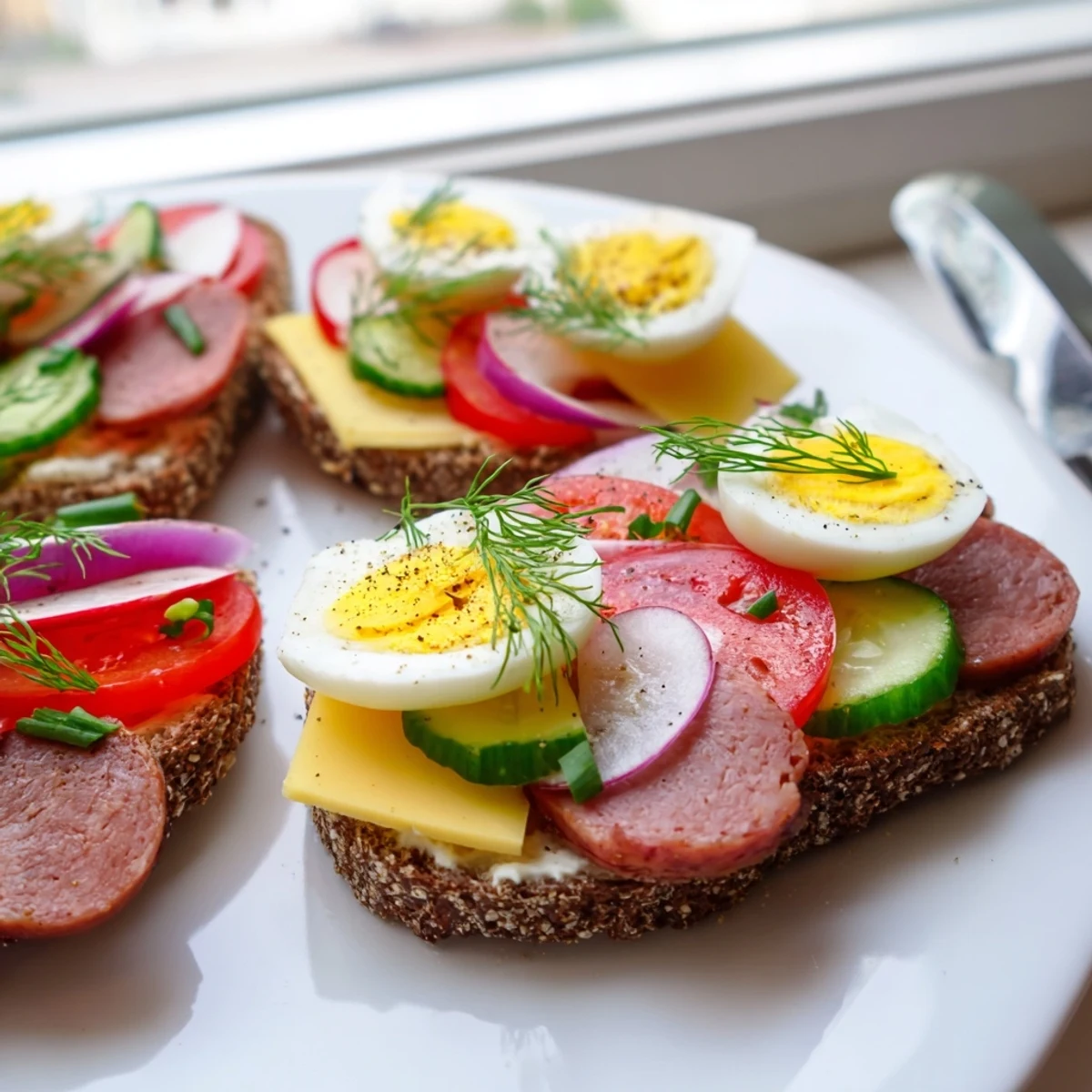 Crispy rye bread loaded with ham, Gouda, and vibrant garden-fresh veggie garnishes