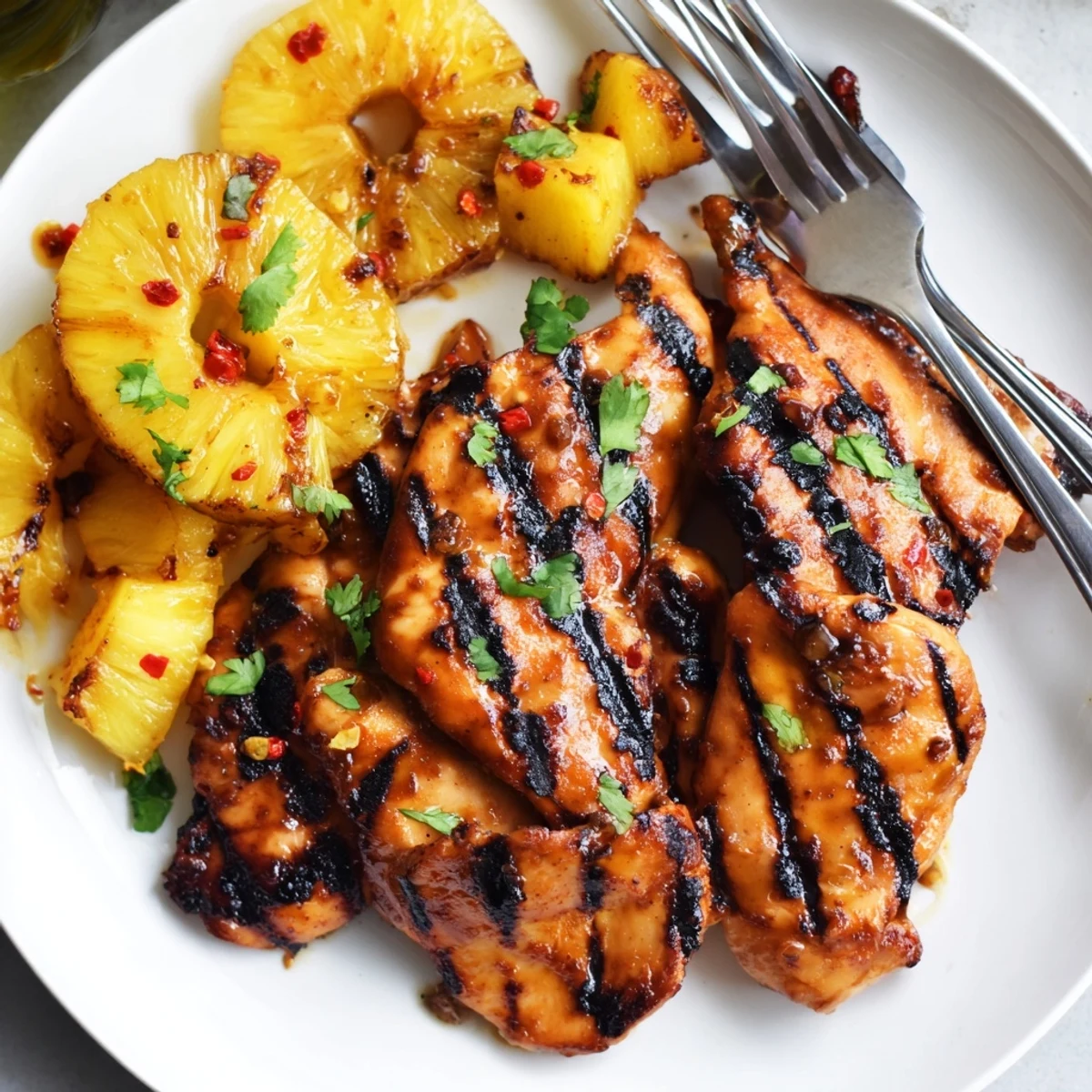 Juicy Chili Pineapple Grilled Chicken with charred edges on a rustic wooden board