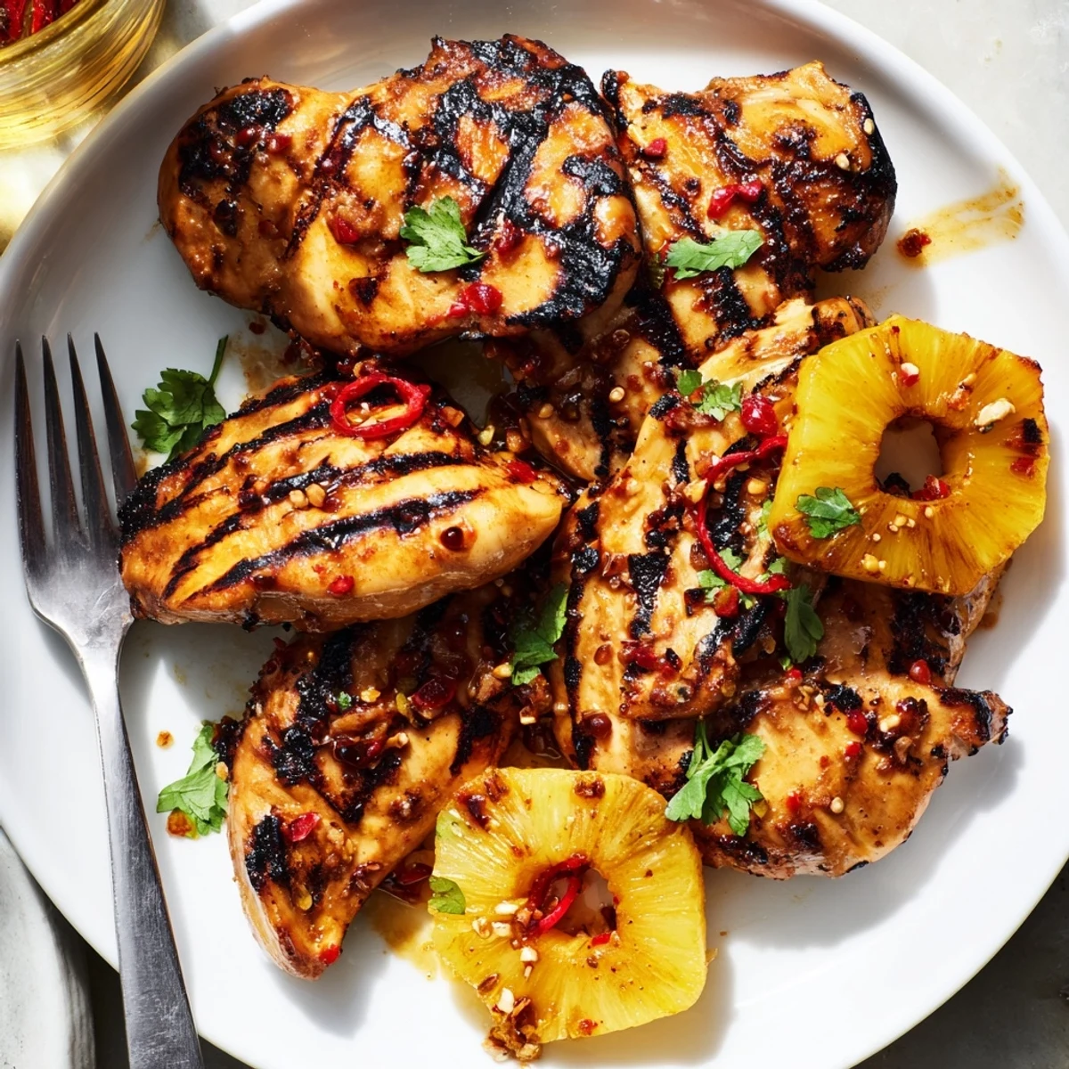 Golden Chili Pineapple Grilled Chicken garnished with cilantro and fresh lime wedges