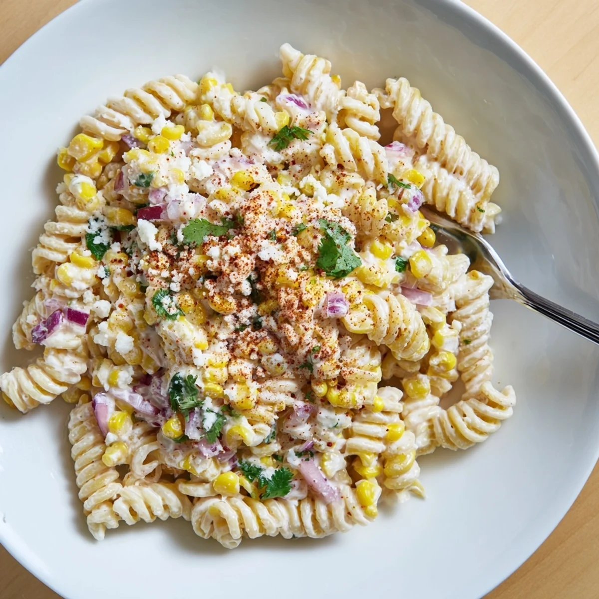 Creamy Elote Street Corn Pasta Salad topped with crumbled cotija and fresh cilantro