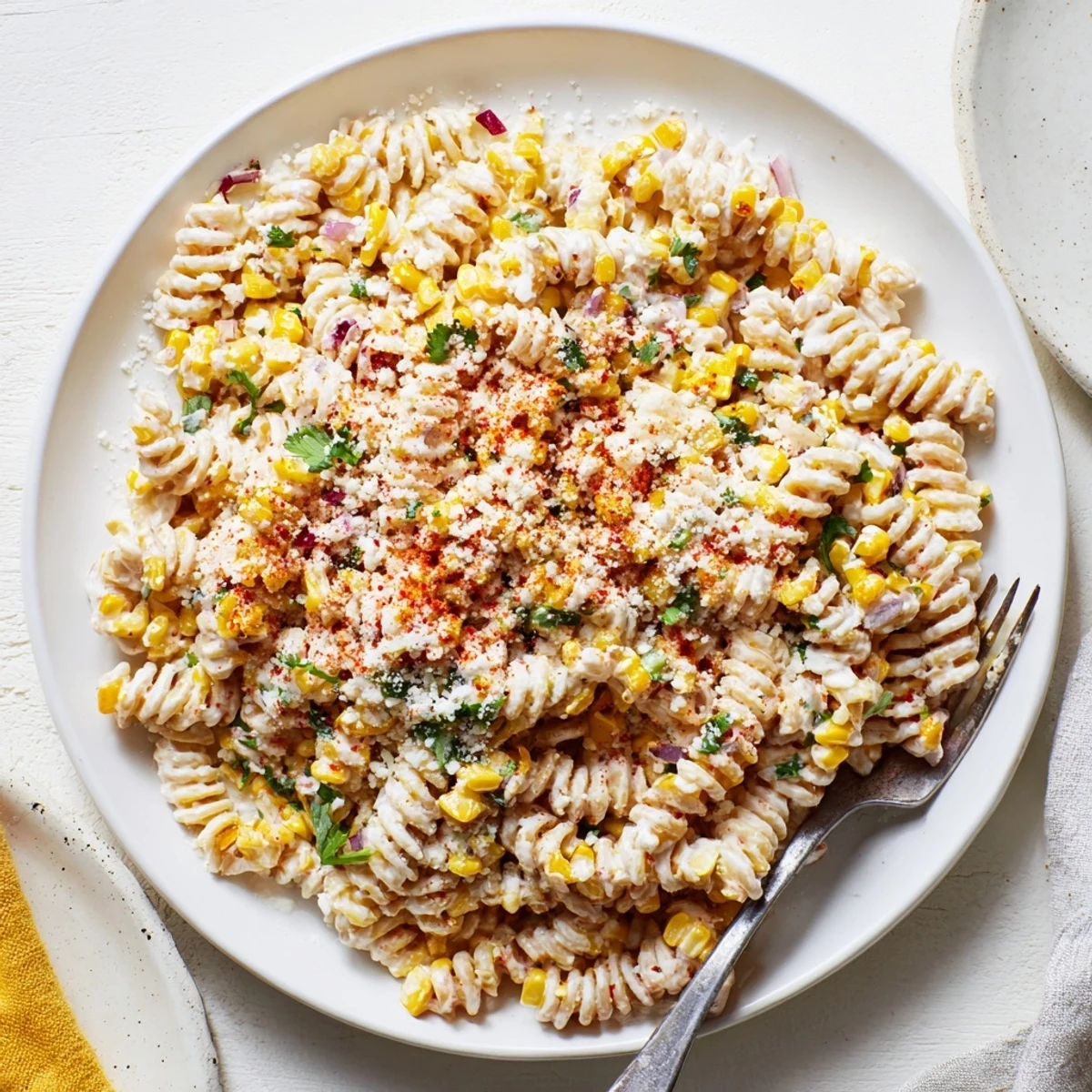 Golden roasted corn glistens in this creamy Elote Street Corn Pasta Salad served chilled