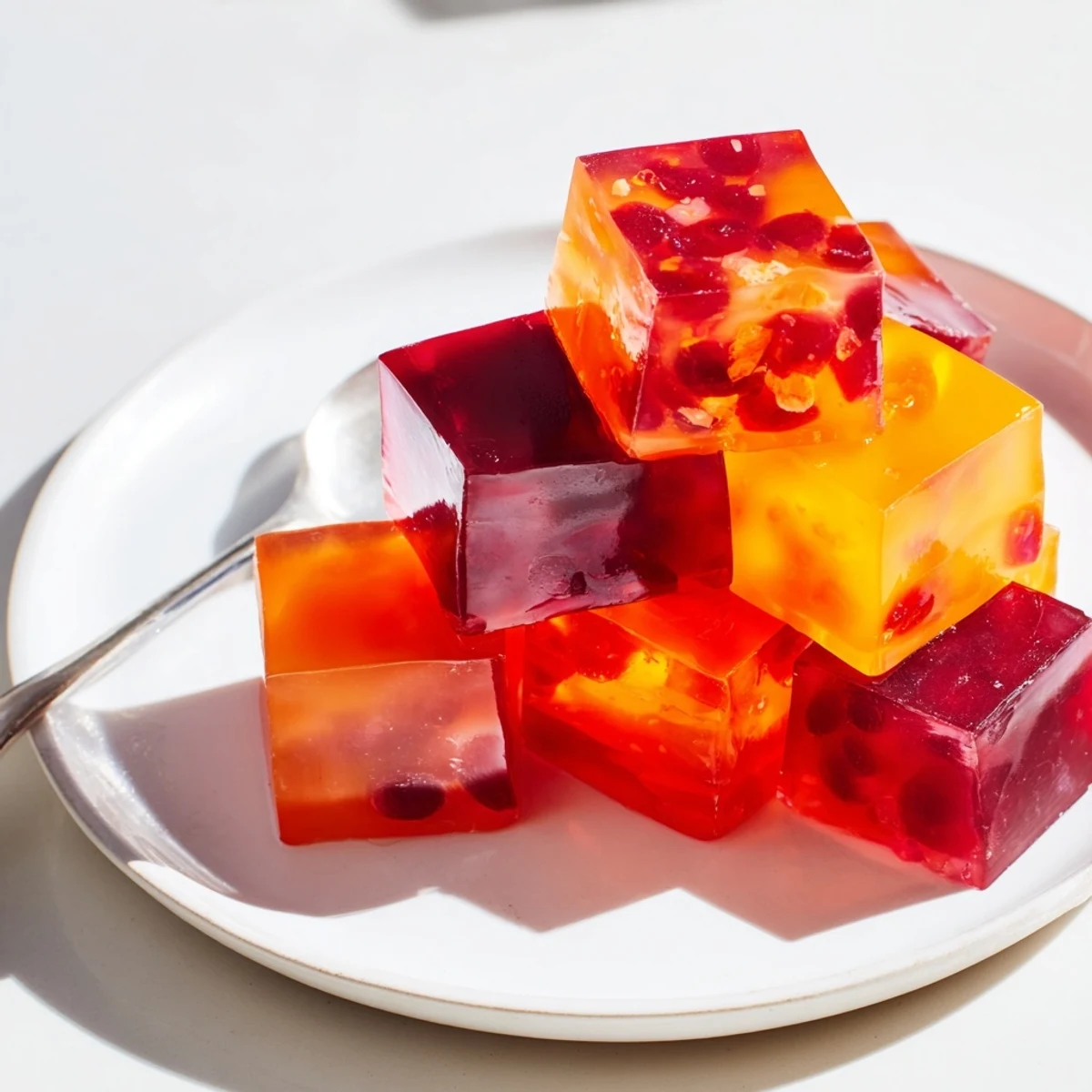 Glistening collagen fruit jellies in vibrant jewel-toned colors on a white serving plate