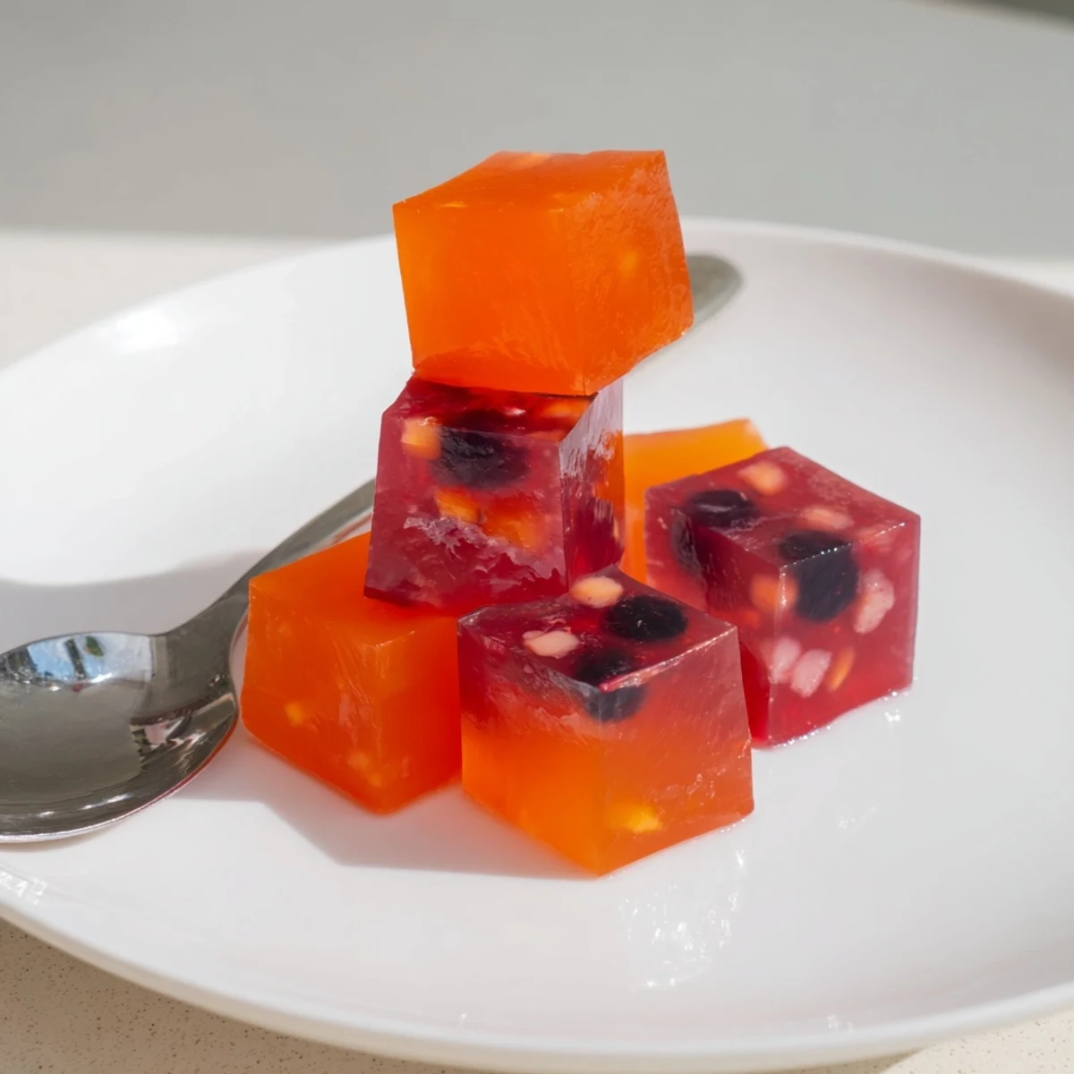 Bright homemade collagen fruit jellies dotted with fresh berries in silicone molds