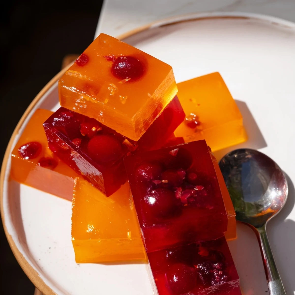 Translucent collagen fruit jellies cut into cubes garnished with lemon zest and mint