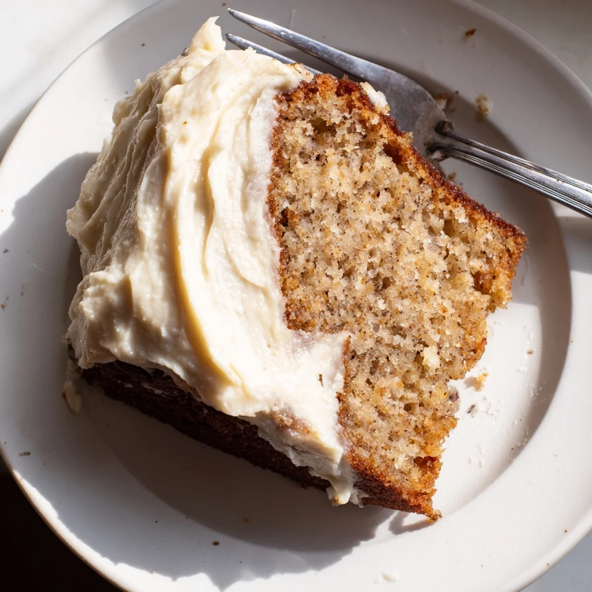 Brown Butter Banana Cake sliced thick with pillowy cream cheese frosting on a rustic plate