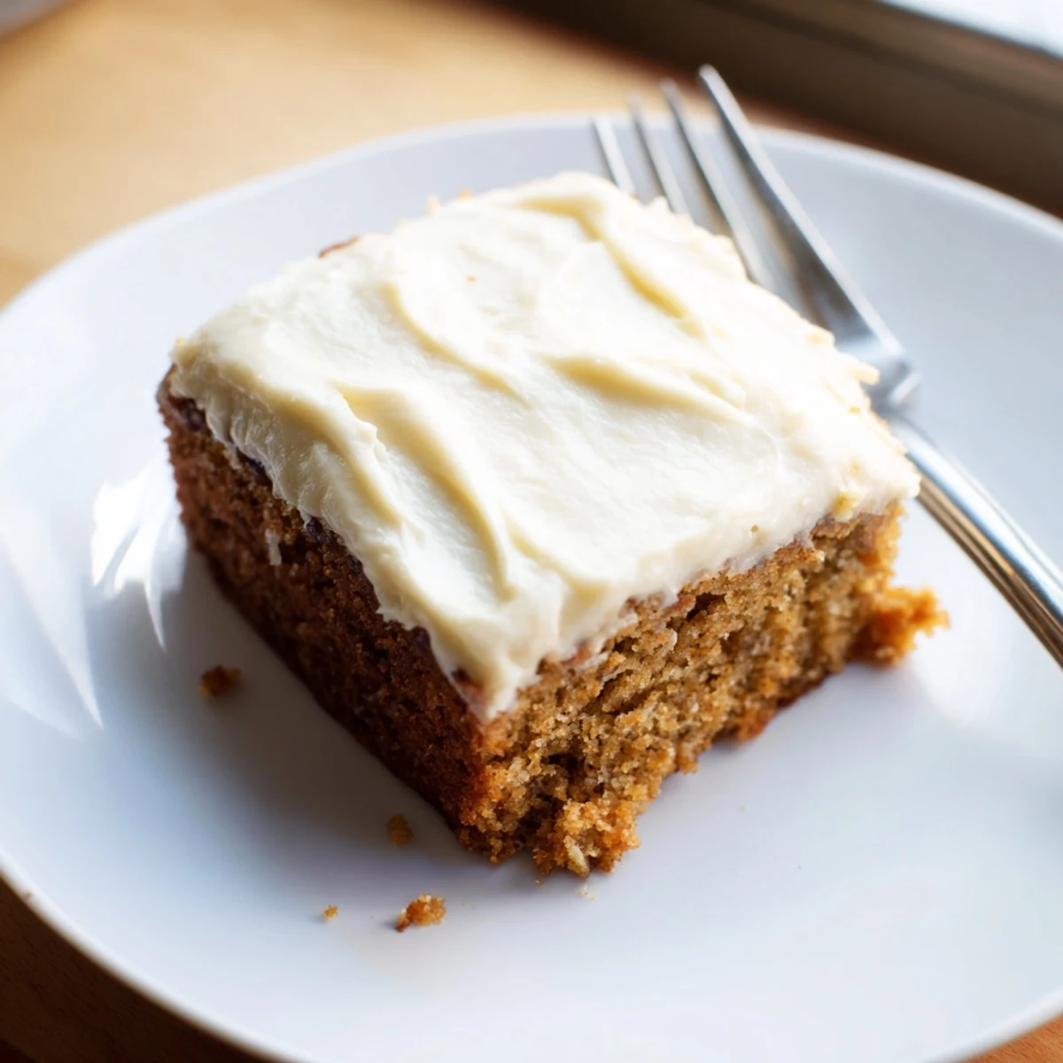 A generous square of brown butter banana cake topped with swirls of tangy frosting