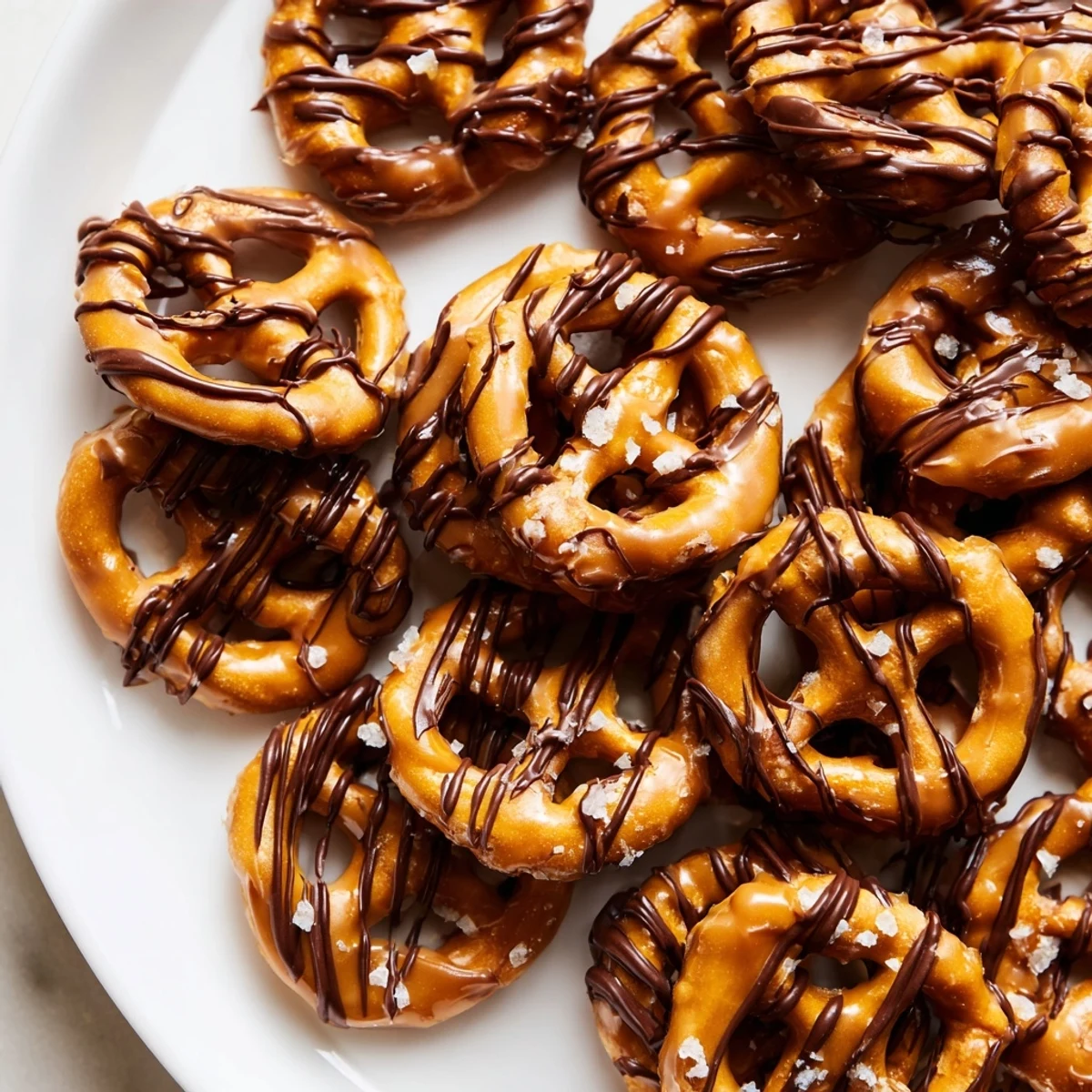 Crunchy butter toffee pretzels piled in a bowl with flaky sea salt sprinkled on top.