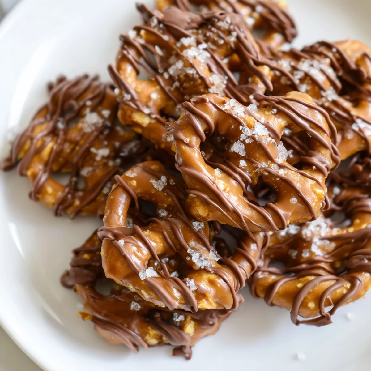 Caramel-coated butter toffee pretzels studded with semi-sweet chocolate, perfect for holiday party snacking.