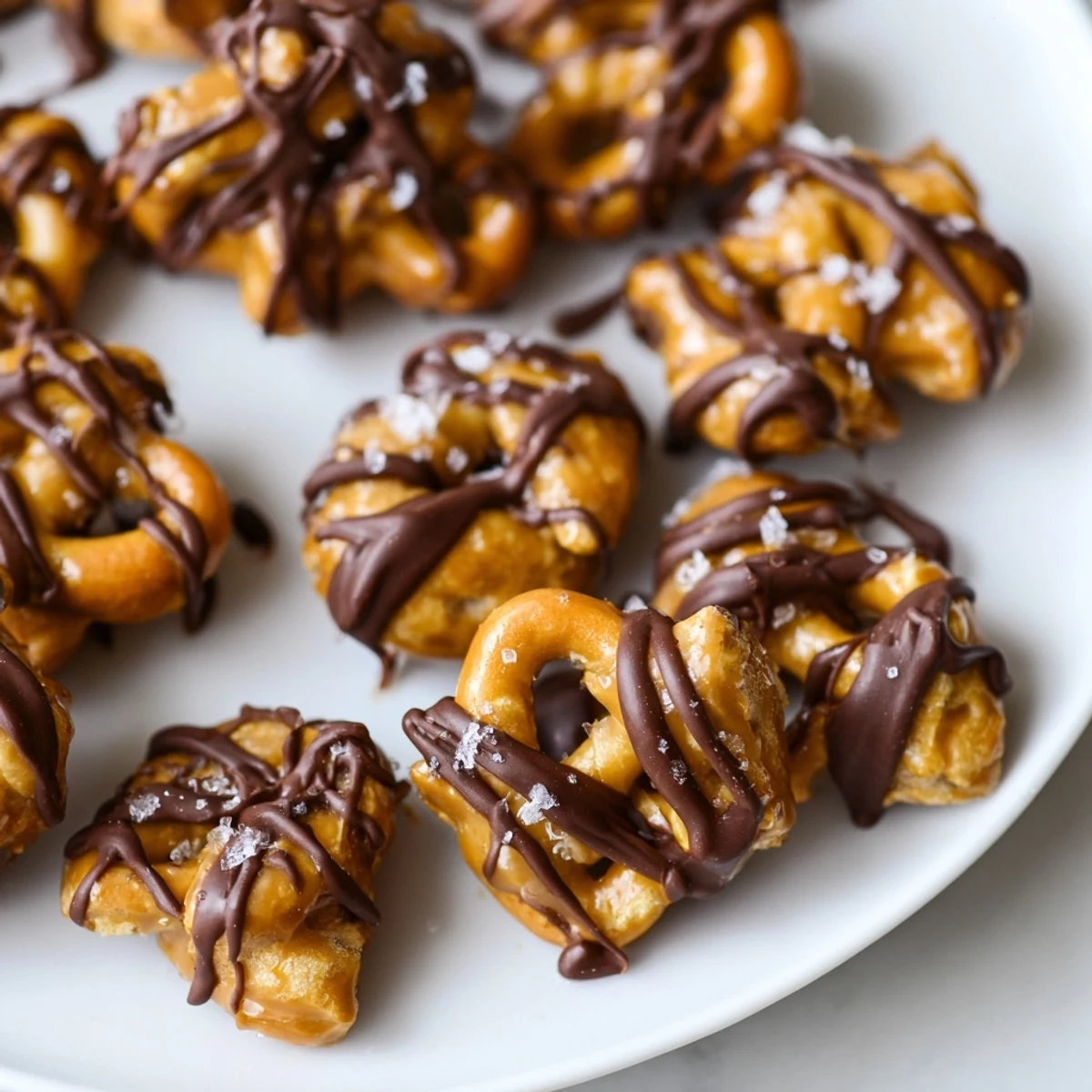 Golden butter toffee pretzels glistening with a rich chocolate drizzle on parchment paper.