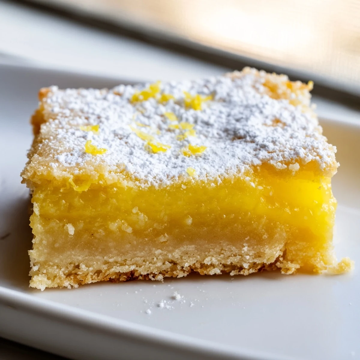 Golden simple lemon bars dusted with powdered sugar on a rustic cutting board