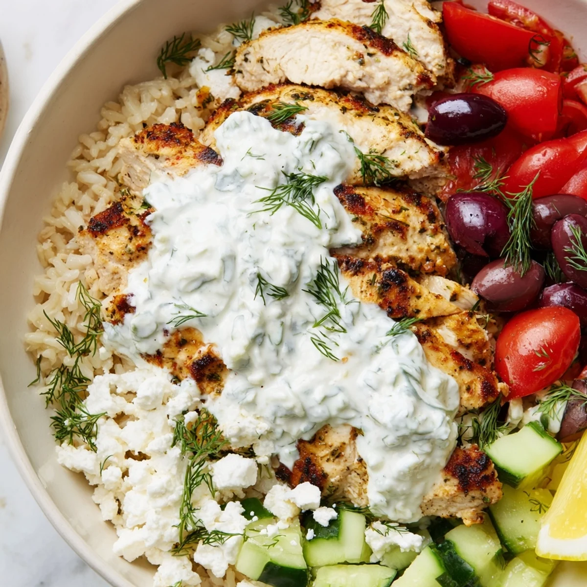 Juicy herb-marinated Greek chicken bowls with tzatziki, fresh cucumbers, and crumbled feta
