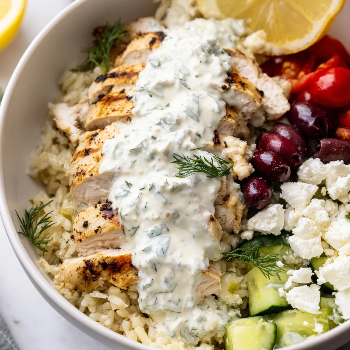 Colorful Greek chicken bowls served over fluffy rice with tomatoes, olives, and creamy tzatziki sauce