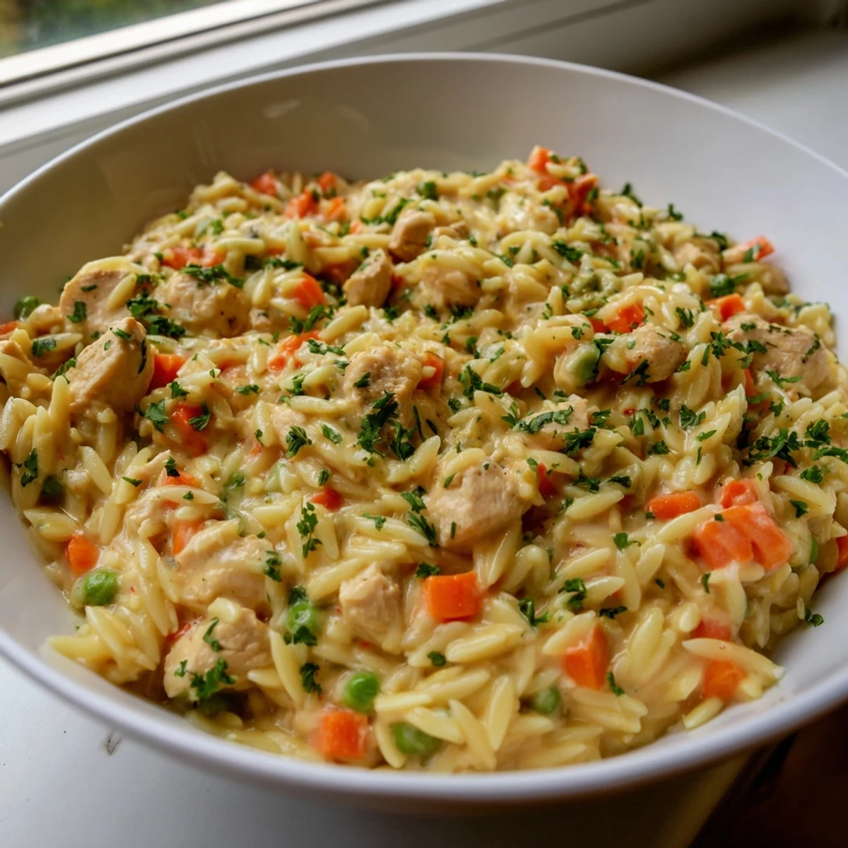 Creamy chicken pot pie orzo in a rustic pot with tender vegetables and golden sauce