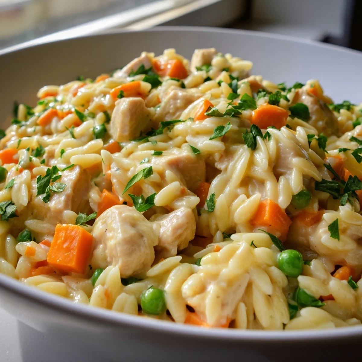 Steaming bowl of creamy chicken pot pie orzo topped with fresh parsley garnish