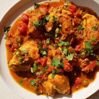 Spiced Chicken Curry with Ginger, Garlic & Jalapeño simmering in a pot, releasing fragrant steam near a spoon.