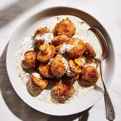 A close-up of chicken fried mushrooms with gravy on a plate, garnished with fresh parsley and served beside buttery mashed potatoes.