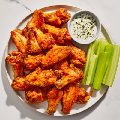 Golden crispy smoked buffalo wings sit on a plate, revealing smoky char and tangy red sauce for game day.